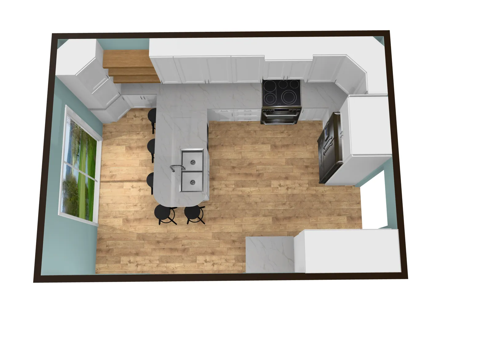 Truline 3D kitchen design: Bird's-eye floor plan: every cabinet placed and coded