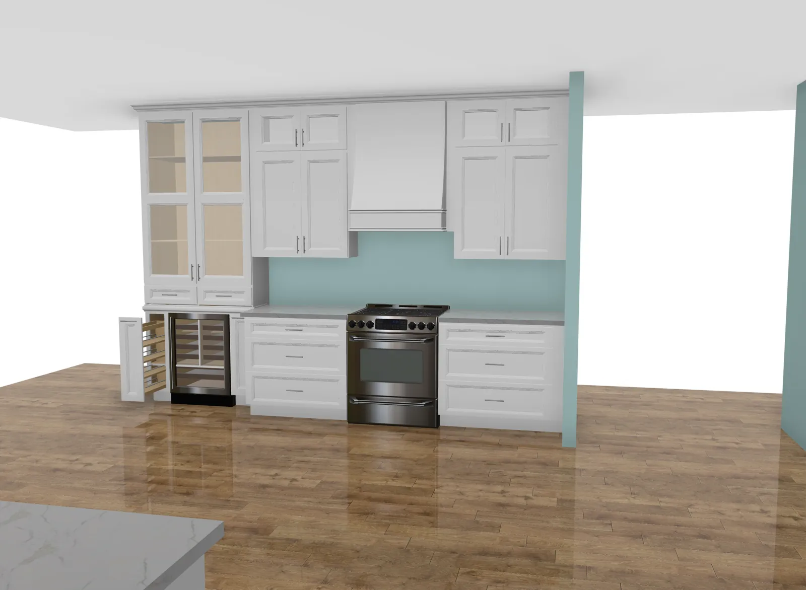 Truline 3D kitchen design: Stacked uppers, glass-front display, wine fridge and wood hood
