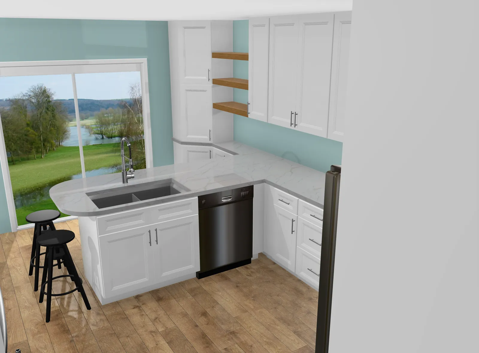Truline 3D kitchen design: Peninsula sink, corner pantry and floating oak shelves