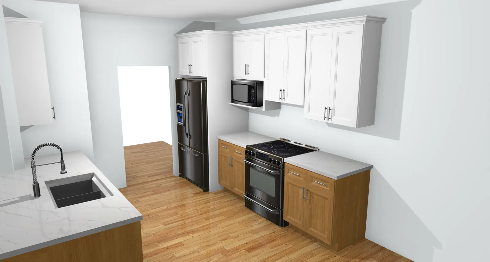 Truline 3D kitchen design: Two-tone galley: white uppers over natural oak bases